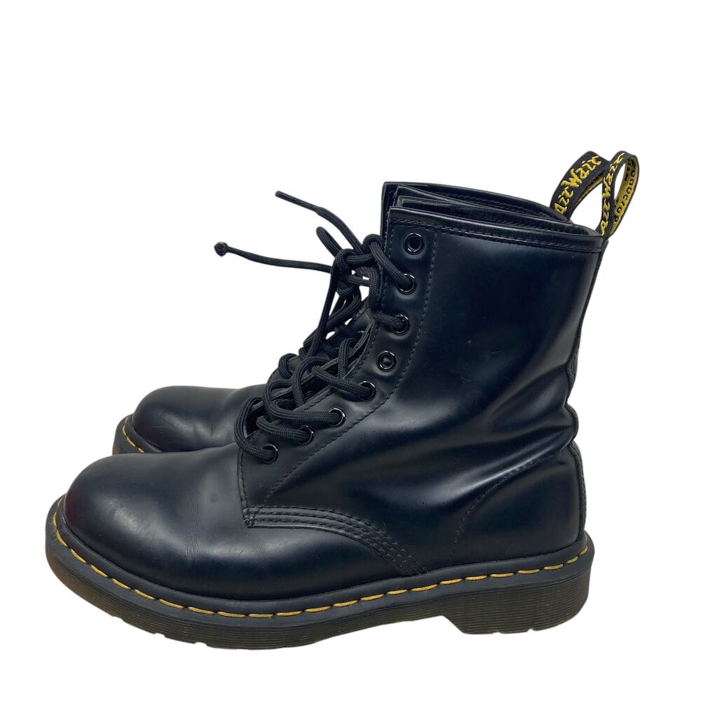 Dr. Martens Black Leather Combat Boots with Yellow Stitching